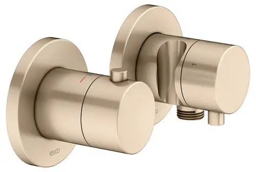 Zwei elegante, goldfarbene Wandarmaturen von Keuco mit einem minimalistischen Design und einem Temperaturregler.